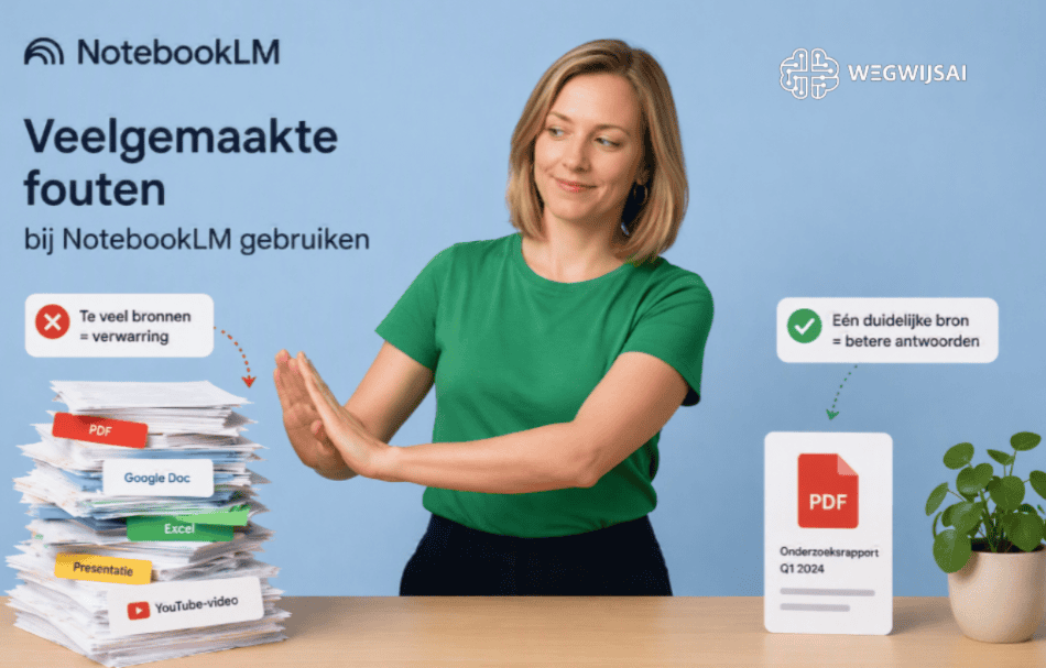 Vrouw wijst naar stapel documenten met fouten en juiste bronnen.