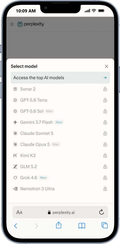 Modelkiezer van Perplexity met vergrendelde modellen zoals Claude, Grok en Kimi.