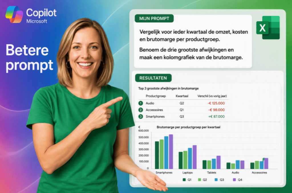 Vrouw wijst naar grafiek over productverkoop in Excel met Copilot.