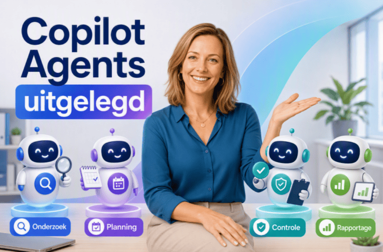 Sanne staat tussen verschillende Copilot Agents voor onderzoek, planning en controle