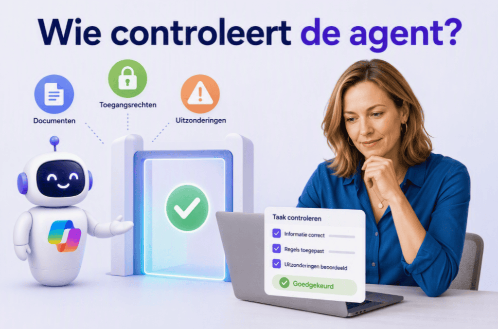 Sanne controleert de bevoegdheden en uitkomst van een Copilot Agent