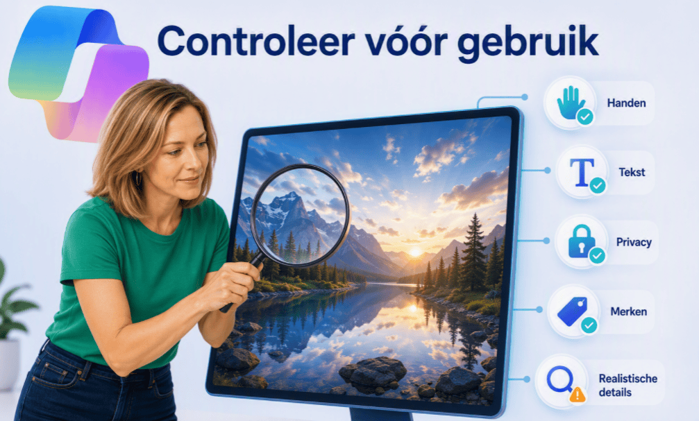 Sanne toont een checklist voor het publiceren van een Copilot-afbeelding.