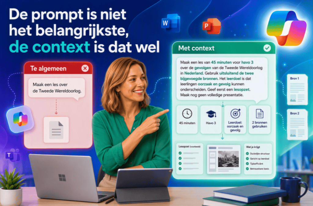 Sanne vergelijkt een algemene Copilot-prompt met een uitgebreide prompt vol context voor een les over de Tweede Wereldoorlog. De illustratie laat zien dat meer context leidt tot betere resultaten in het onderwijs.