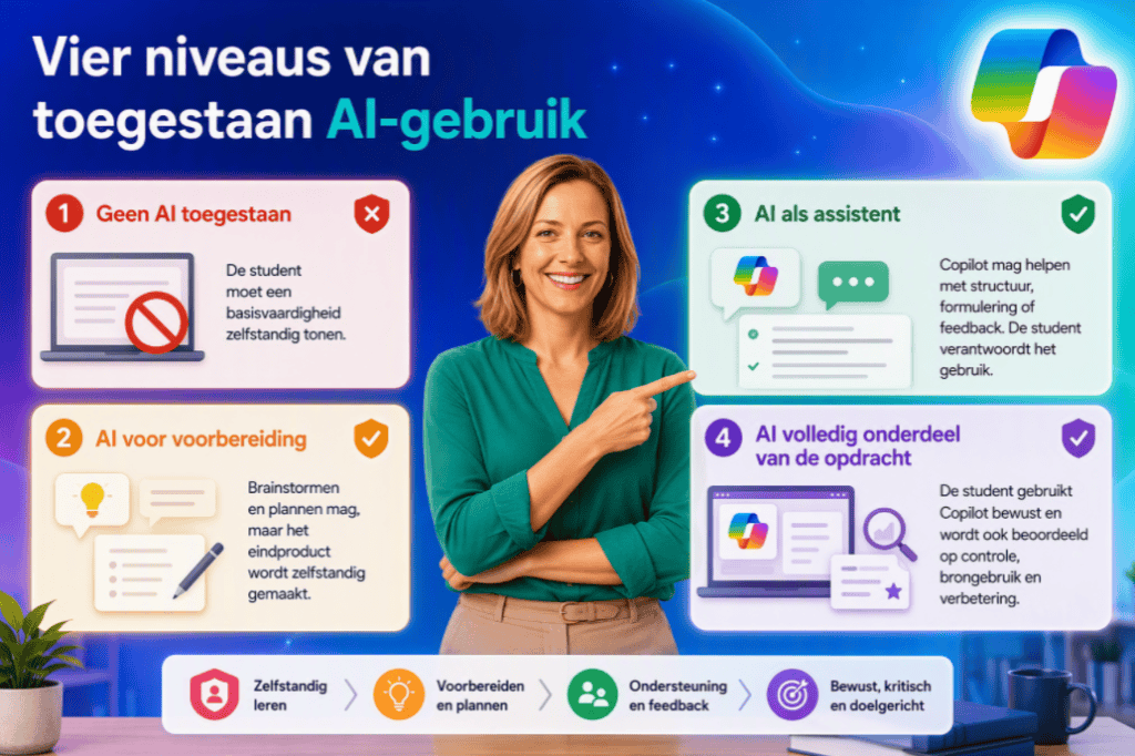Sanne legt vier niveaus van AI-gebruik in het onderwijs uit, variërend van geen AI toegestaan tot AI als volledig onderdeel van een opdracht. De illustratie toont per niveau een duidelijke uitleg met Copilot-gerelateerde visuele elementen.