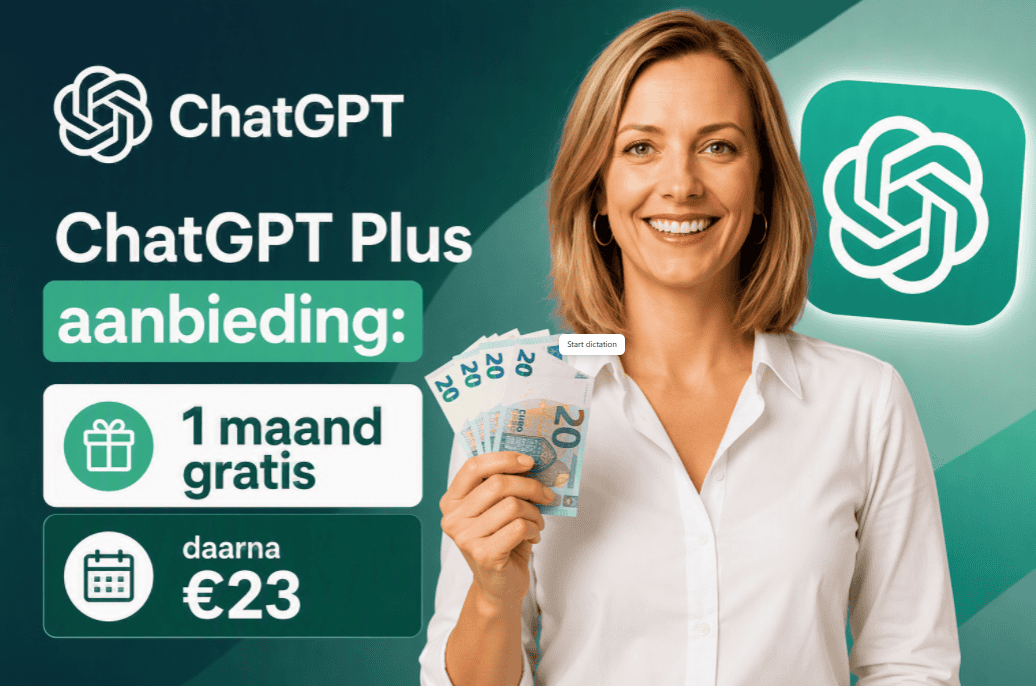 Persoon houdt eurobiljetten vast naast ChatGPT-logo met informatie over een ChatGPT Plus-aanbieding: 1 maand gratis, daarna €23 per maand.