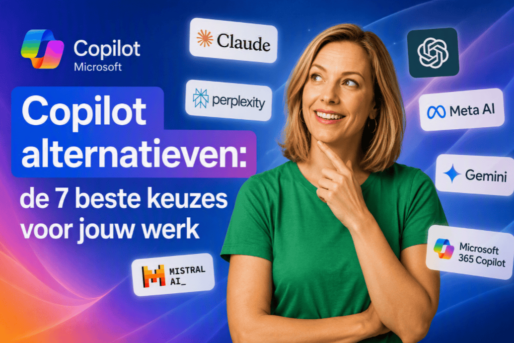 Overzicht van Microsoft Copilot alternatieven met AI-tools zoals Claude, Perplexity, Gemini en ChatGPT voor zakelijk gebruik.