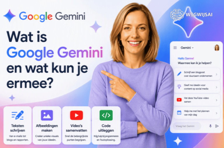 Sanne wijst naar de titel "Wat is Google Gemini en wat kun je ermee?" terwijl verschillende toepassingen van Google Gemini worden getoond, zoals teksten schrijven, afbeeldingen maken, video's samenvatten en code uitleggen.