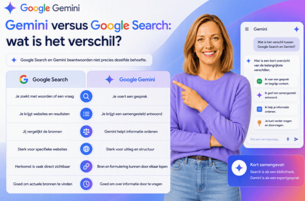 Sanne wijst naar een vergelijking tussen Google Search en Google Gemini, waarin het verschil wordt uitgelegd tussen zoeken via websites en een gesprek voeren met een AI-assistent.