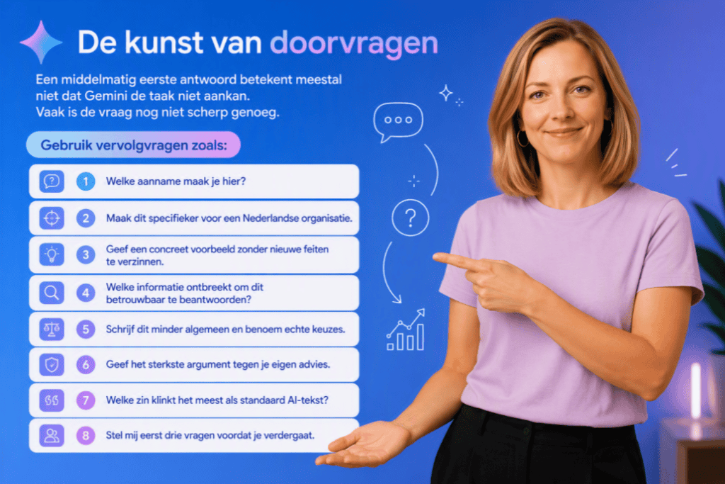 Sanne wijst naar een overzicht met slimme vervolgvragen voor Gemini waarmee gebruikers betere en betrouwbaardere antwoorden kunnen krijgen.