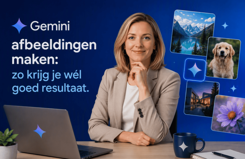 Sanne gebruikt Gemini om AI-afbeeldingen te maken en beoordeelt verschillende beeldresultaten op een laptop tegen een blauwe Gemini-achtergrond.