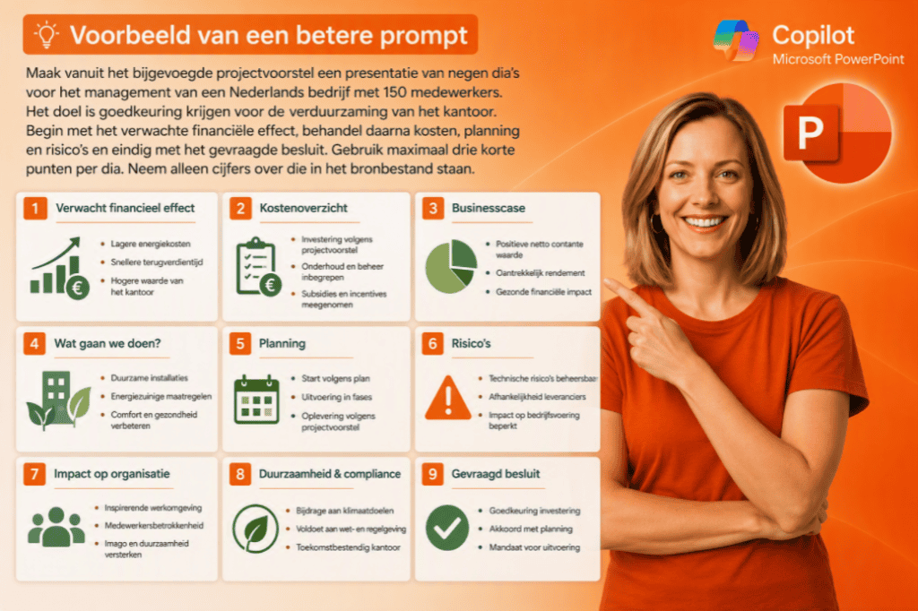 Vrouw met PowerPoint presentatie en infographic over projectmanagement.