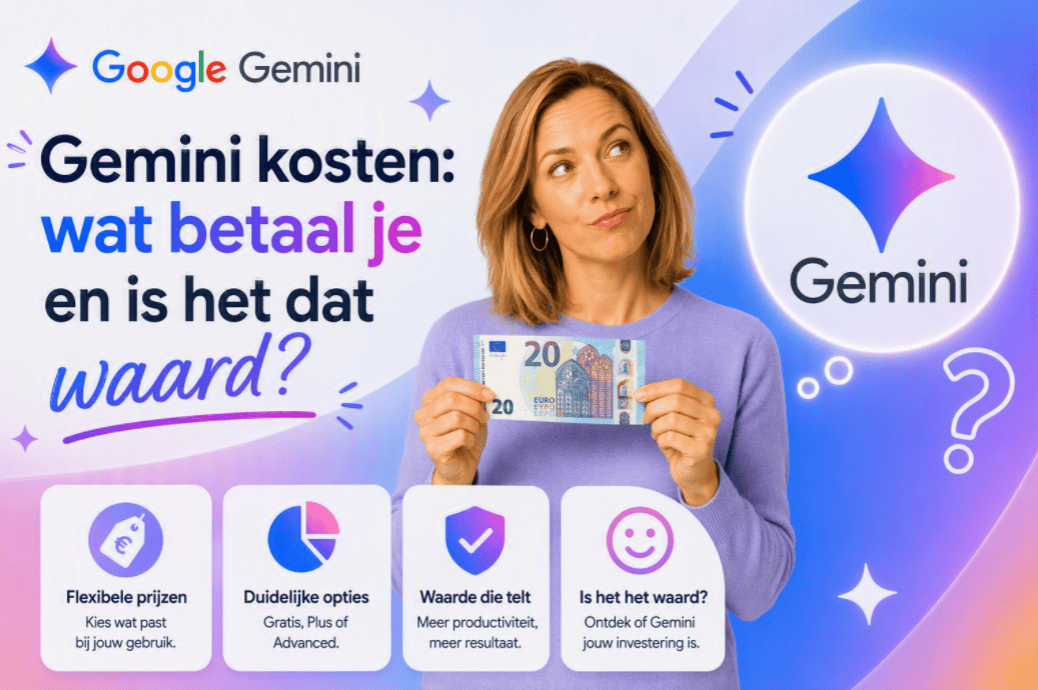 Sanne houdt een biljet van 20 euro vast en vergelijkt de kosten van Google Gemini met de waarde van een betaald abonnement.