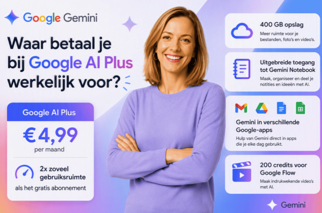 Sanne staat met armen over elkaar bij een overzicht van Google AI Plus met €4,99 per maand, 400 GB opslag en extra Gemini-functies.
