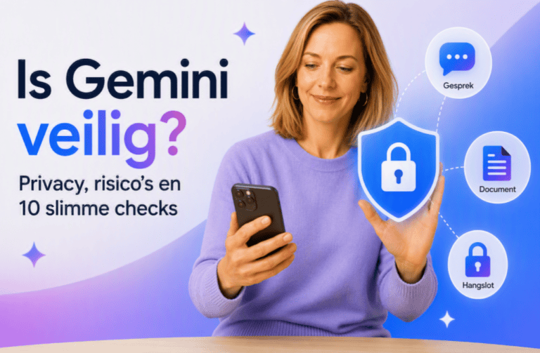 Is Gemini veilig. Illustratie van Sanne met smartphone en privacyschild tijdens het controleren van de veiligheid en privacy van Google Gemini.