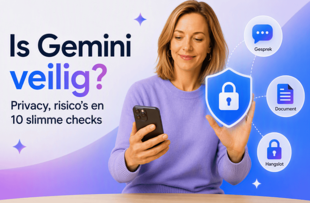 Is Gemini veilig. Illustratie van Sanne met smartphone en privacyschild tijdens het controleren van de veiligheid en privacy van Google Gemini.