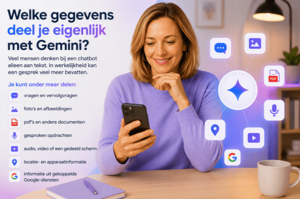 Is Gemini veilig Sanne bekijkt op haar smartphone welke gegevens je met Gemini kunt delen, zoals vragen, foto’s, pdf-bestanden, gesproken opdrachten, video, locatiegegevens en gekoppelde Google-diensten.
