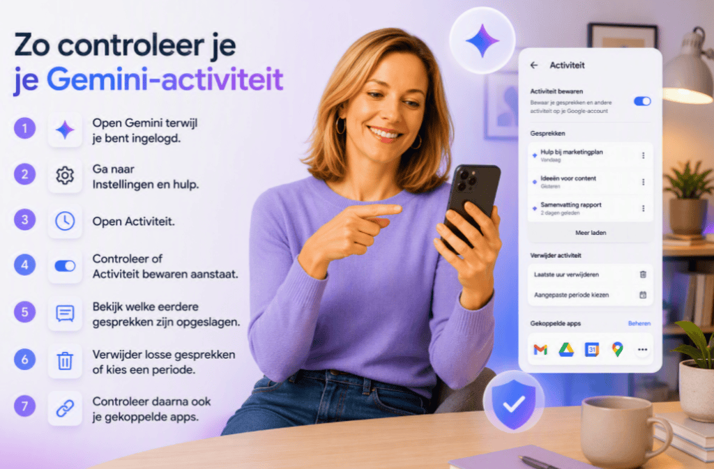 Sanne controleert haar Gemini-activiteit op een smartphone met stappen voor instellingen, opgeslagen gesprekken, activiteit bewaren, verwijderen en gekoppelde apps.