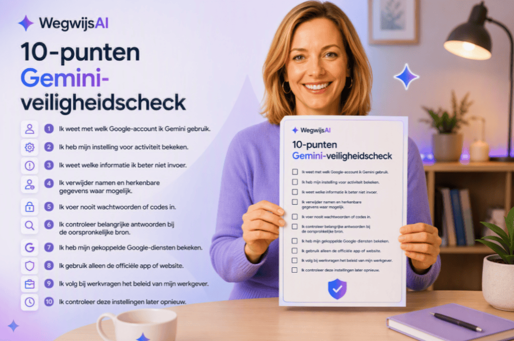 Sanne houdt een Gemini-veiligheidschecklist vast met 10 controlepunten voor privacy, accountbeveiliging, activiteit, gekoppelde diensten en veilig gebruik van Gemini.