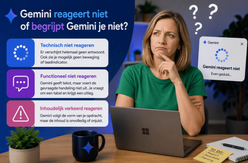 Sanne zit achter een laptop naast drie uitlegblokken over technisch, functioneel en inhoudelijk verkeerd reageren van Gemini.