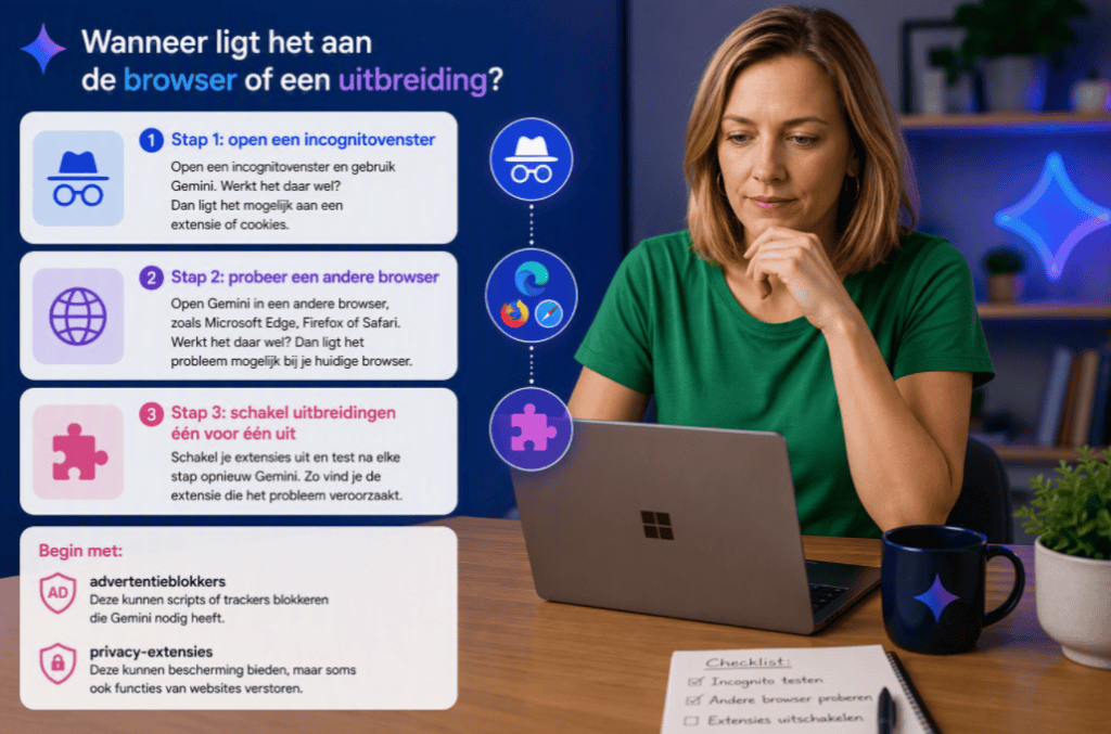 Sanne onderzoekt Gemini-problemen op een laptop terwijl een stappenplan laat zien hoe je met een incognitovenster, een andere browser en het uitschakelen van extensies browserproblemen kunt opsporen.
