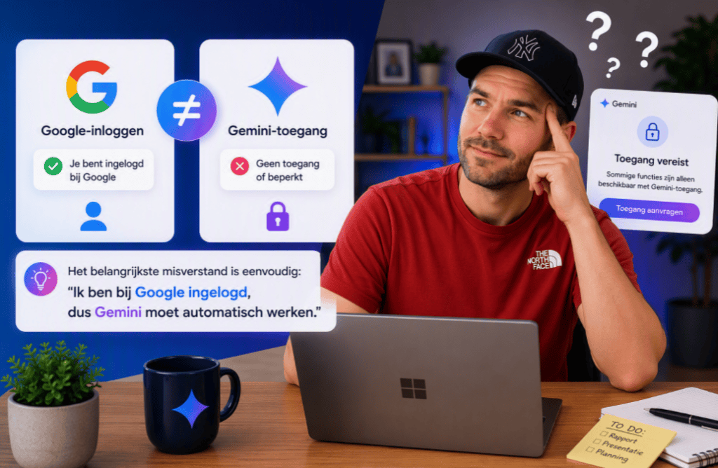 Uitlegafbeelding over het verschil tussen Google-inloggen en Gemini-toegang, met een gebruiker achter een laptop en een visuele vergelijking tussen een actief Google-account en beperkte Gemini-toegang.