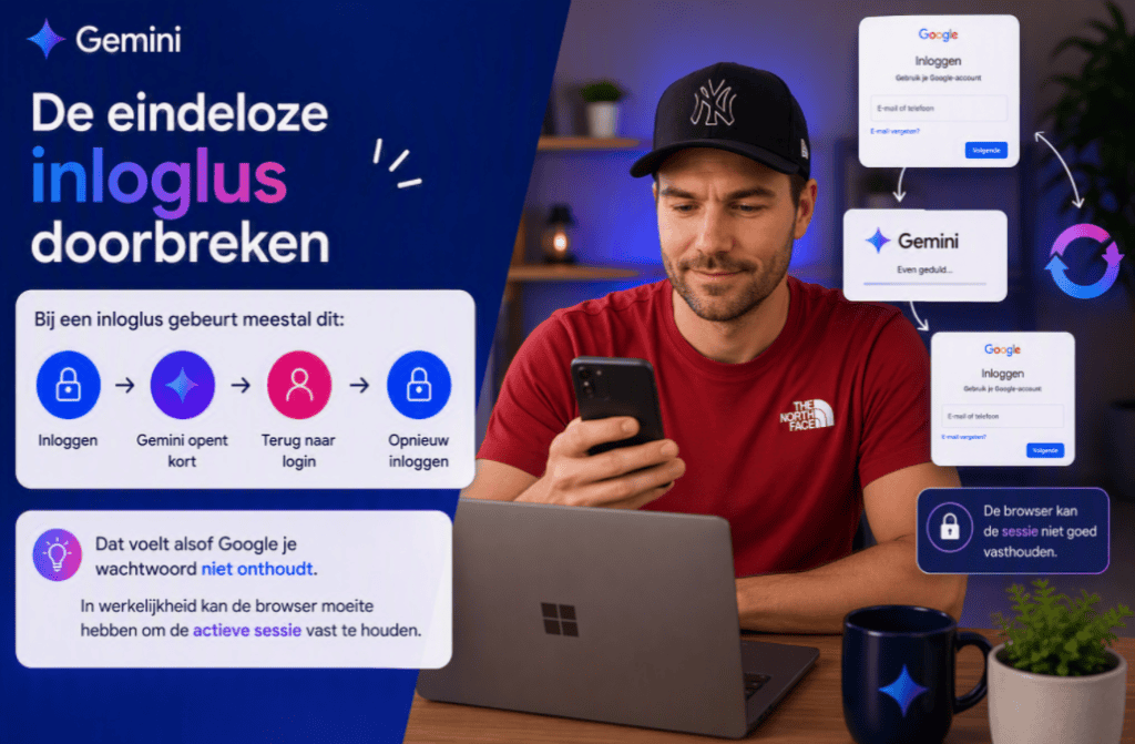 Maarten kijkt naar zijn mobiel terwijl een visuele inloglus laat zien hoe Google inloggen, Gemini openen, terug naar login en opnieuw inloggen elkaar blijven herhalen.