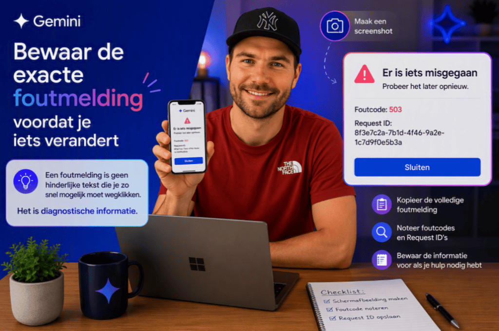 Persoon met pet toont een mobiele telefoon met een Gemini-foutmelding terwijl een uitvergrote foutmelding met foutcode en diagnostische gegevens zichtbaar is naast een laptop.