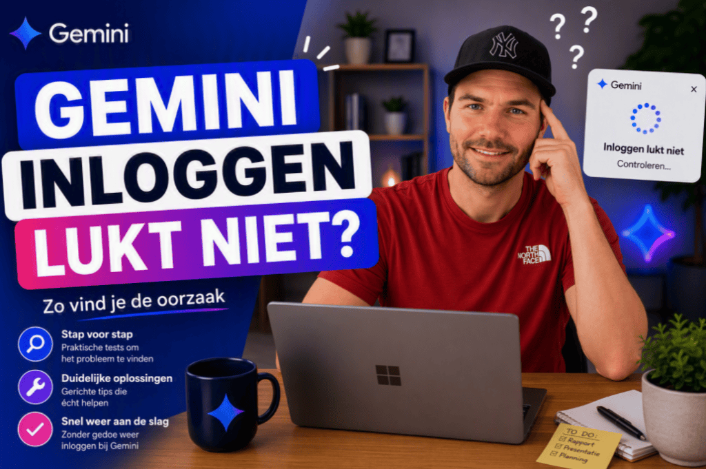 Hero-afbeelding voor een blog over Gemini-inlogproblemen met een persoon met pet achter een laptop, een Gemini-melding met ‘Inloggen lukt niet’ en grote opvallende tekst over het probleem.