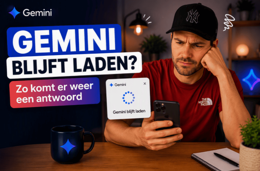Gemini blijft laden op smartphone terwijl gebruiker aan bureau naar het scherm kijkt. Praktische oplossingen om Gemini weer te laten reageren.