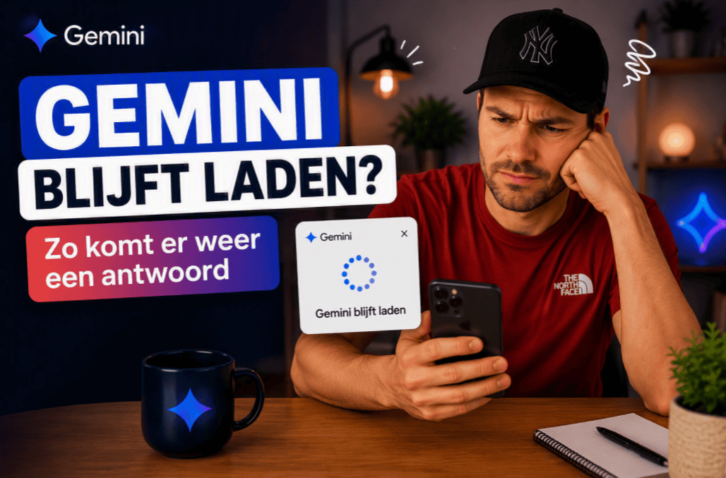 Gemini blijft laden op smartphone terwijl gebruiker aan bureau naar het scherm kijkt. Praktische oplossingen om Gemini weer te laten reageren.