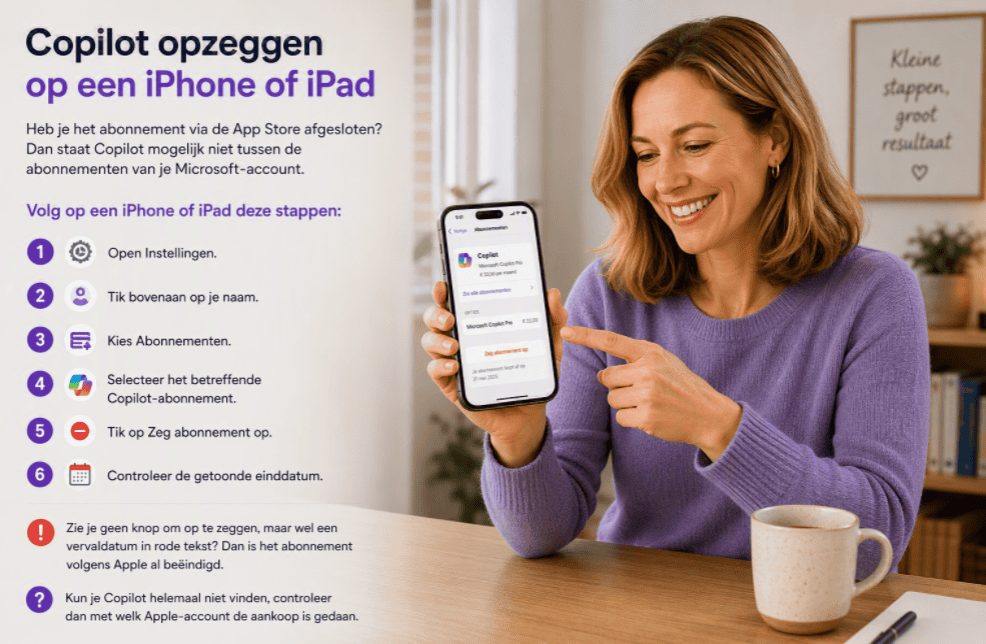 Handleiding voor het opzeggen van Microsoft Copilot op iPhone of iPad.