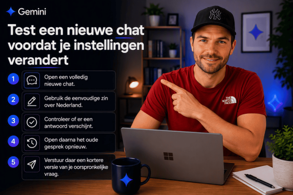 Stappenplan voor het testen van een nieuwe Gemini-chat voordat instellingen worden aangepast. Een gebruiker zit achter een laptop en controleert of Gemini weer antwoorden geeft.