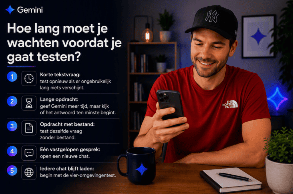 Overzicht met richtlijnen voor hoe lang je moet wachten voordat je Gemini opnieuw test wanneer een antwoord uitblijft.