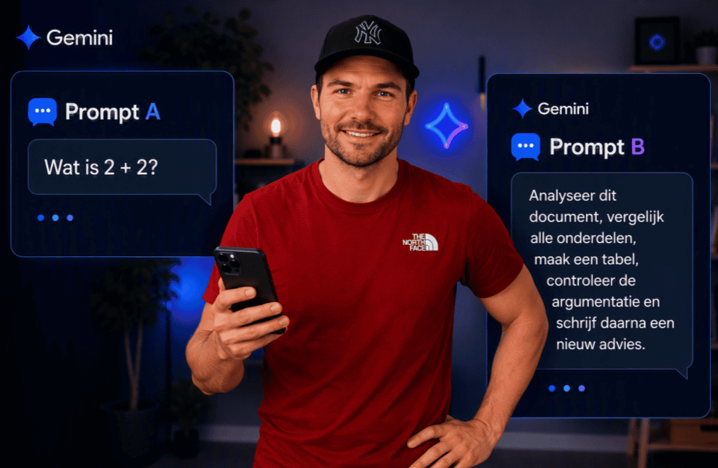 Vergelijking tussen een eenvoudige Gemini-prompt en een complexe Gemini-prompt. Een gebruiker staat met een smartphone tussen twee promptvensters.