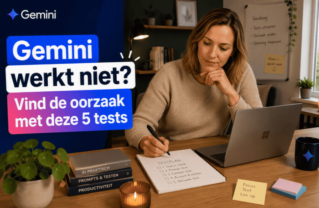 Gemini werkt niet. Sanne onderzoekt aan haar thuiswerkbureau waarom Gemini niet werkt met een testplan en laptop in beeld.