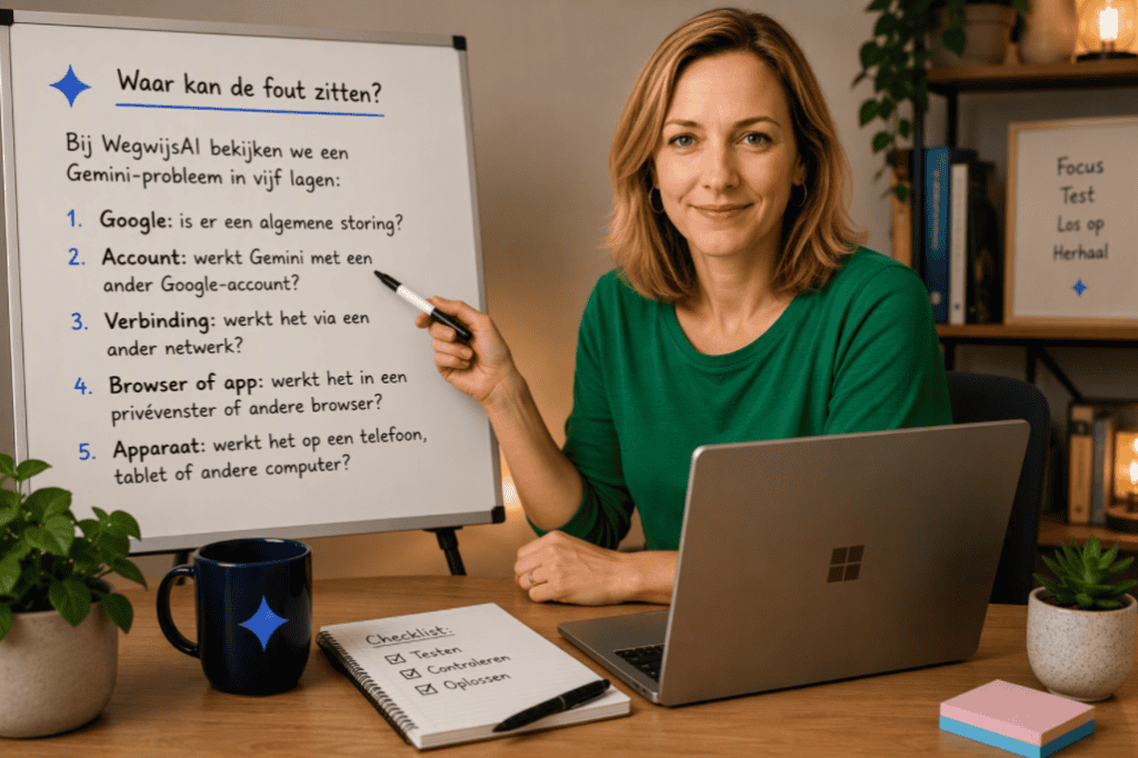 Gemini werkt niet. Sanne wijst in een thuiswerkruimte naar een whiteboard met vijf mogelijke oorzaken waarom Gemini niet werkt.