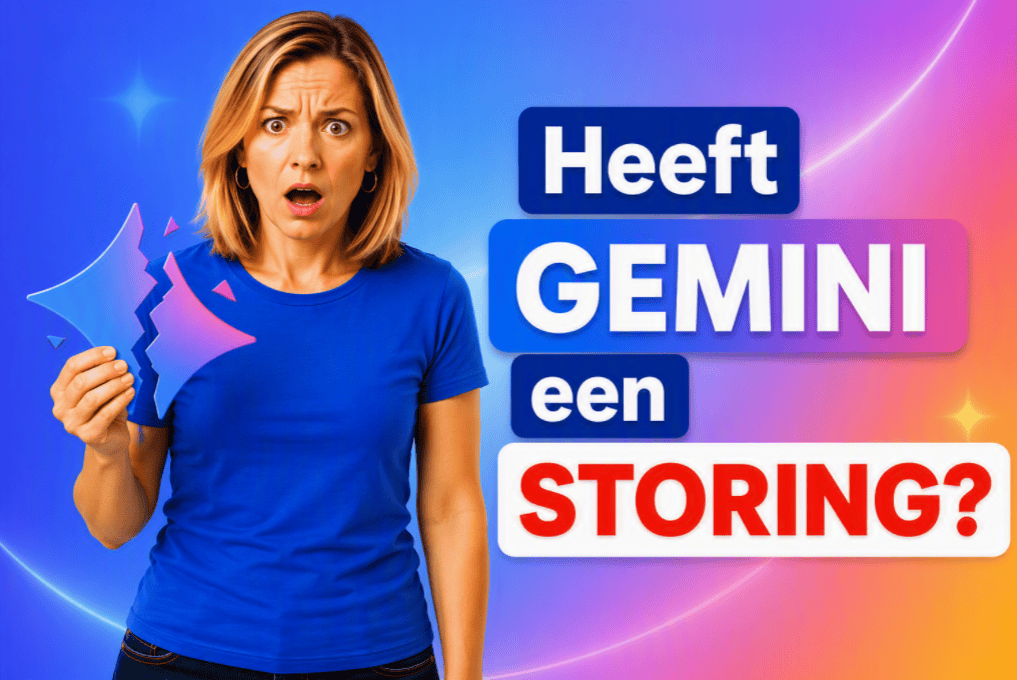 Sanne houdt een gebroken Gemini-logo vast naast de tekst Heeft Gemini een storing