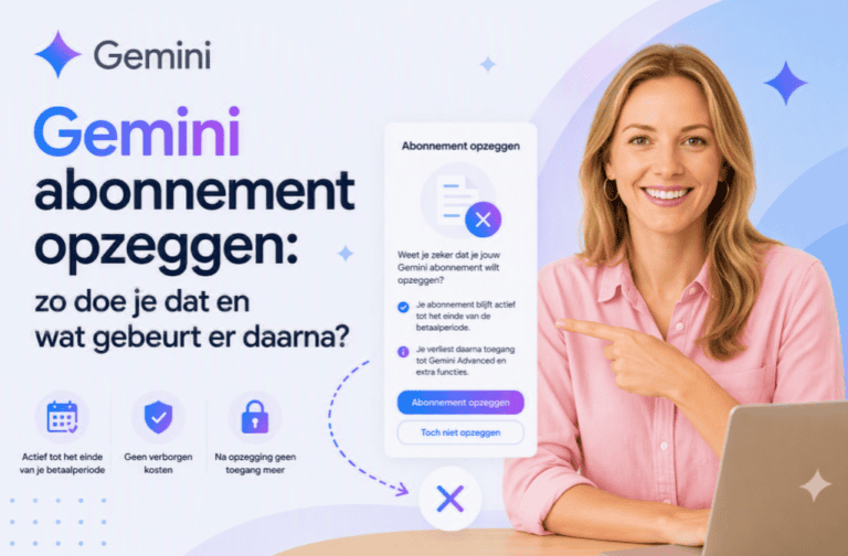 Sanne wijst naar een digitaal scherm om een Gemini abonnement op te zeggen