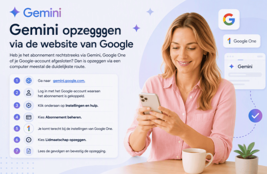 Sanne kijkt naar haar telefoon naast stappen om Gemini op te zeggen via de website van Google