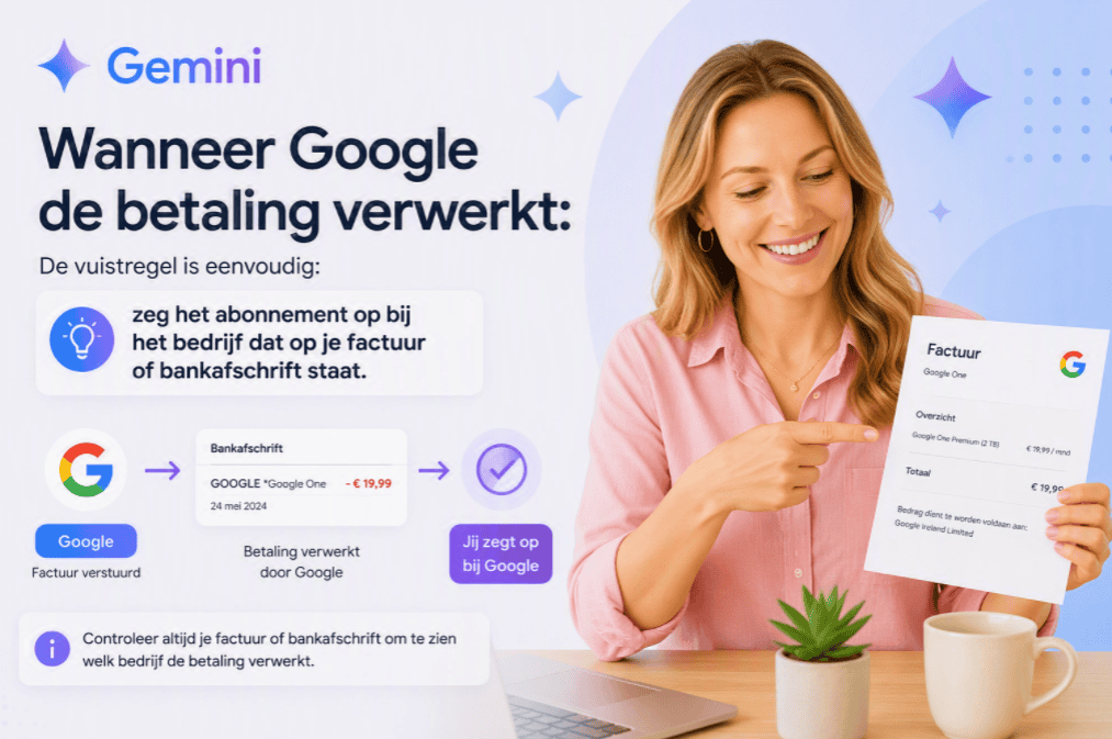 Sanne wijst naar een Google One factuur om te laten zien waar je een Gemini abonnement moet opzeggen