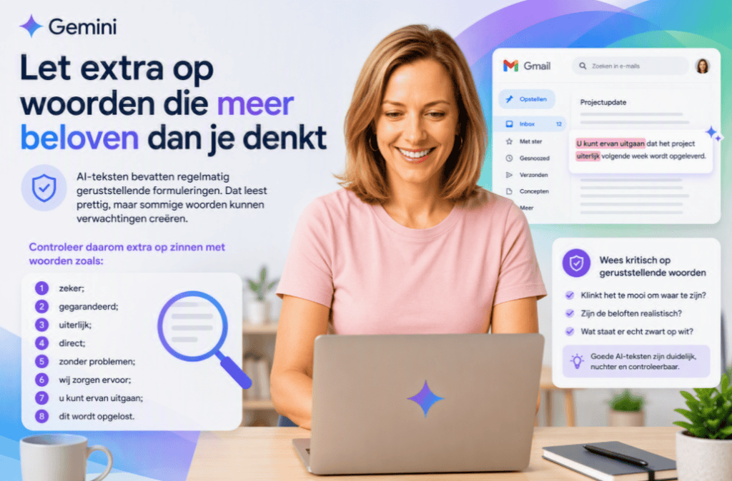 Sanne werkt achter een laptop en controleert een door Gemini gegenereerde e-mail op overdreven beloftes en risicovolle formuleringen.