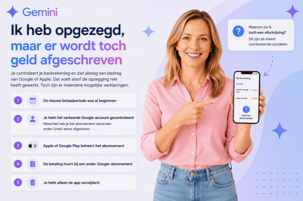 Sanne staat met een telefoon waarop een afschrijving van Google of Apple staat na het opzeggen van Gemini