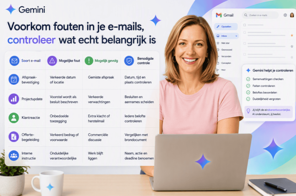 Sanne kijkt lachend naar de camera achter een laptop, naast een overzicht van mogelijke fouten, gevolgen en noodzakelijke controles bij verschillende soorten e-mails.