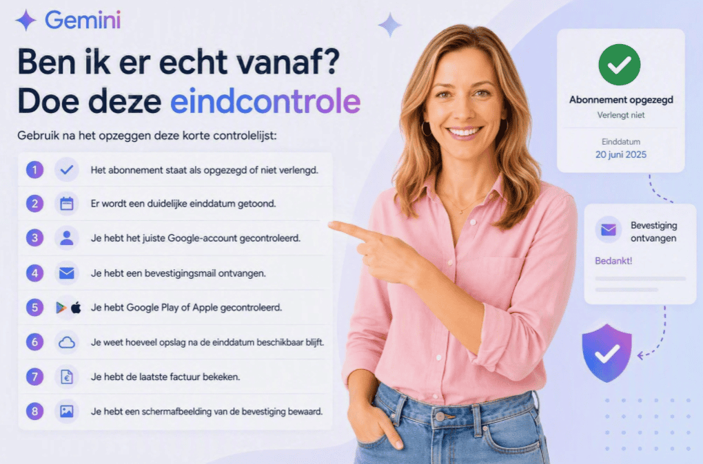 Sanne wijst naar een controlelijst om te controleren of een Gemini abonnement volledig is opgezegd
