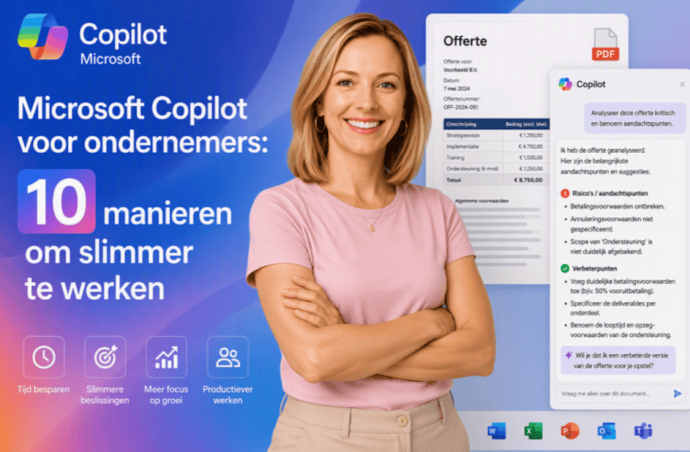 Microsoft Copilot voor ondernemers met Sanne in een lichtroze shirt die een offerte laat analyseren door Copilot om risico's en verbeterpunten te ontdekken.