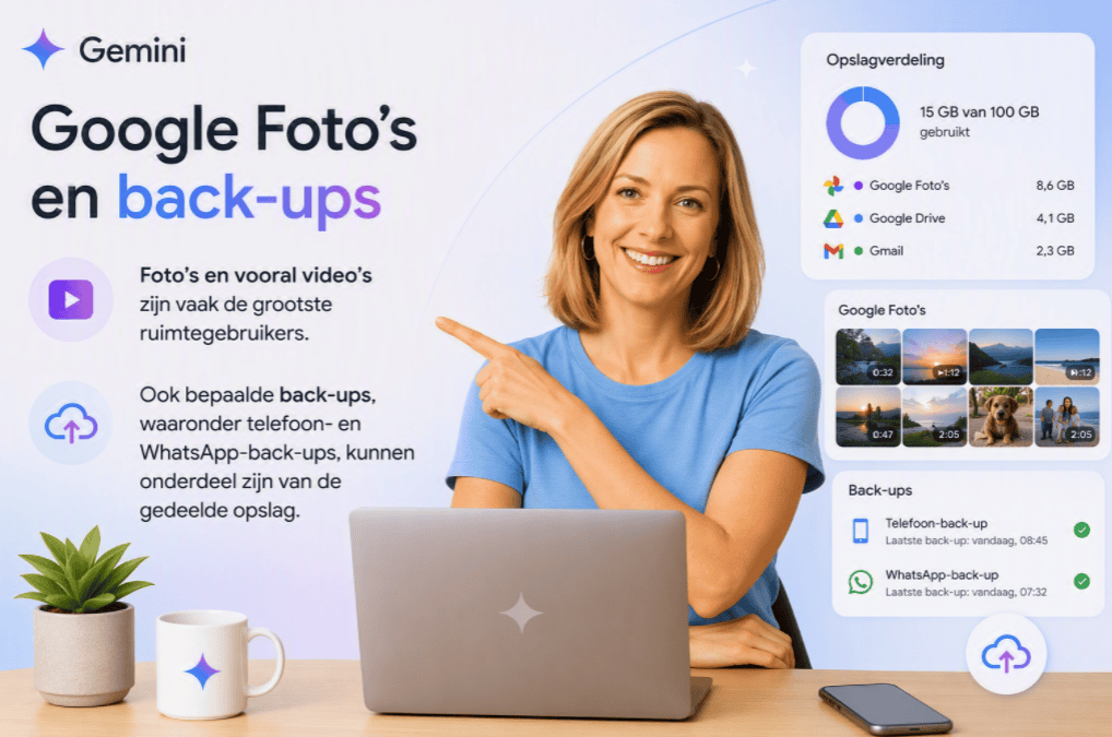 Sanne achter een laptop met een uitleg over Google Foto’s, video’s en back-ups als grootste gebruikers van Google-opslagruimte.
