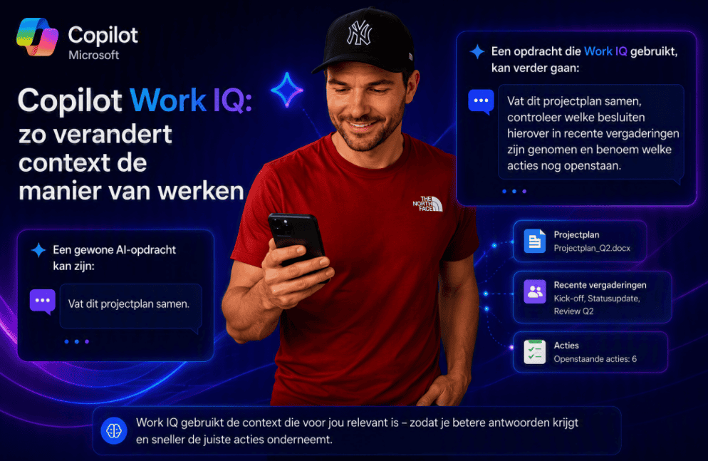 Persoon kijkt naar een smartphone terwijl Copilot Work IQ visueel laat zien hoe AI niet alleen een projectplan samenvat, maar ook vergaderingen, documenten en openstaande acties meeweegt.