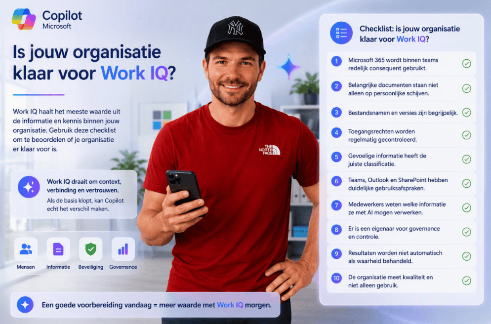 Persoon staat in een moderne kantooromgeving en kijkt recht in de camera terwijl Copilot Work IQ wordt uitgelegd aan de hand van een checklist die organisaties helpt beoordelen of zij klaar zijn voor contextgestuurde AI.