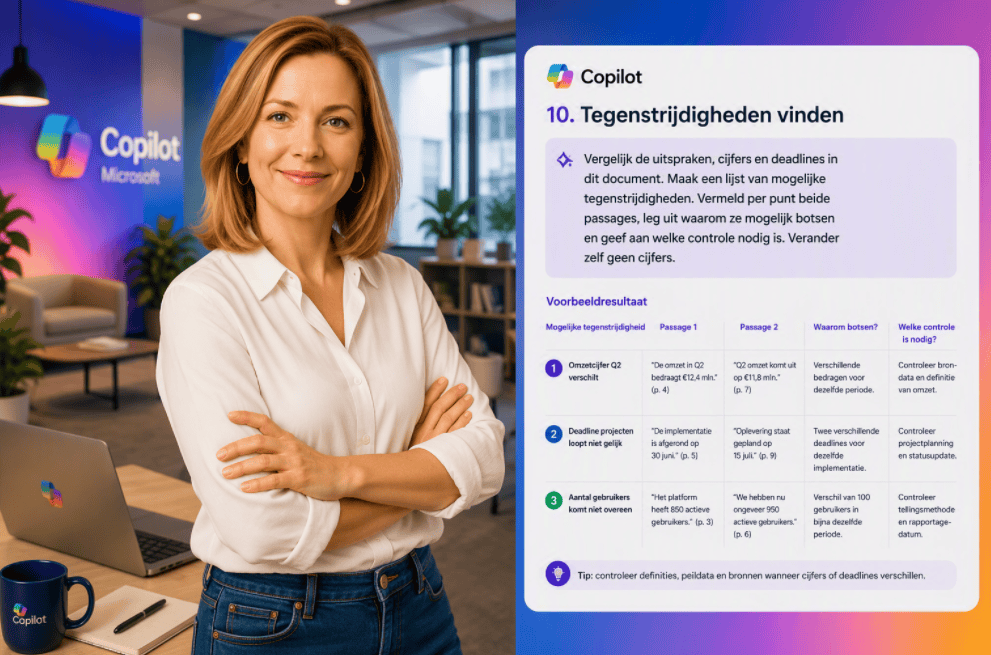 Sanne staat schuin met armen over elkaar in een moderne kantooromgeving naast een Copilot-scherm dat tegenstrijdigheden in een document analyseert.