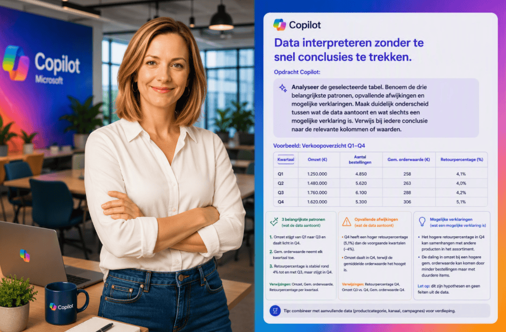 Sanne staat met armen over elkaar naast een Copilot-analyse van een tabel waarin patronen, afwijkingen en mogelijke verklaringen worden onderscheiden.